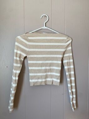 twik Beige and White Striped Ribbed Crop Top
